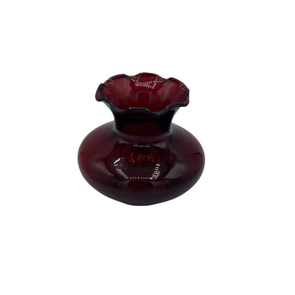 Vintage Small Ruffled Top Ruby Red Glass Flower Bud Vase 3 1/2 Inches Tall   - Picture 2 of 7